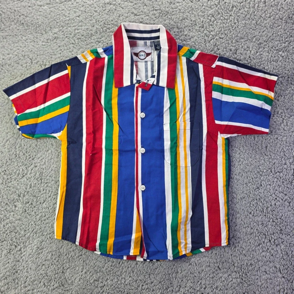 Vintage Max Active Kids Shirt L 7 Multi Color Vertical Stripe Short Sleeve USA